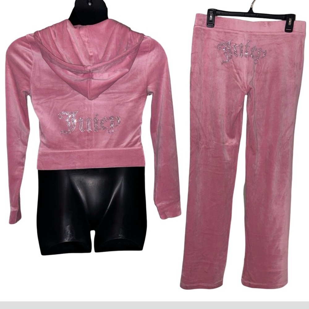 JUICY COUTURE DUSTY ROSE PINK  RHINESTONE VELOUR ZIP UP CROPPED TRACKSUIT NWT
